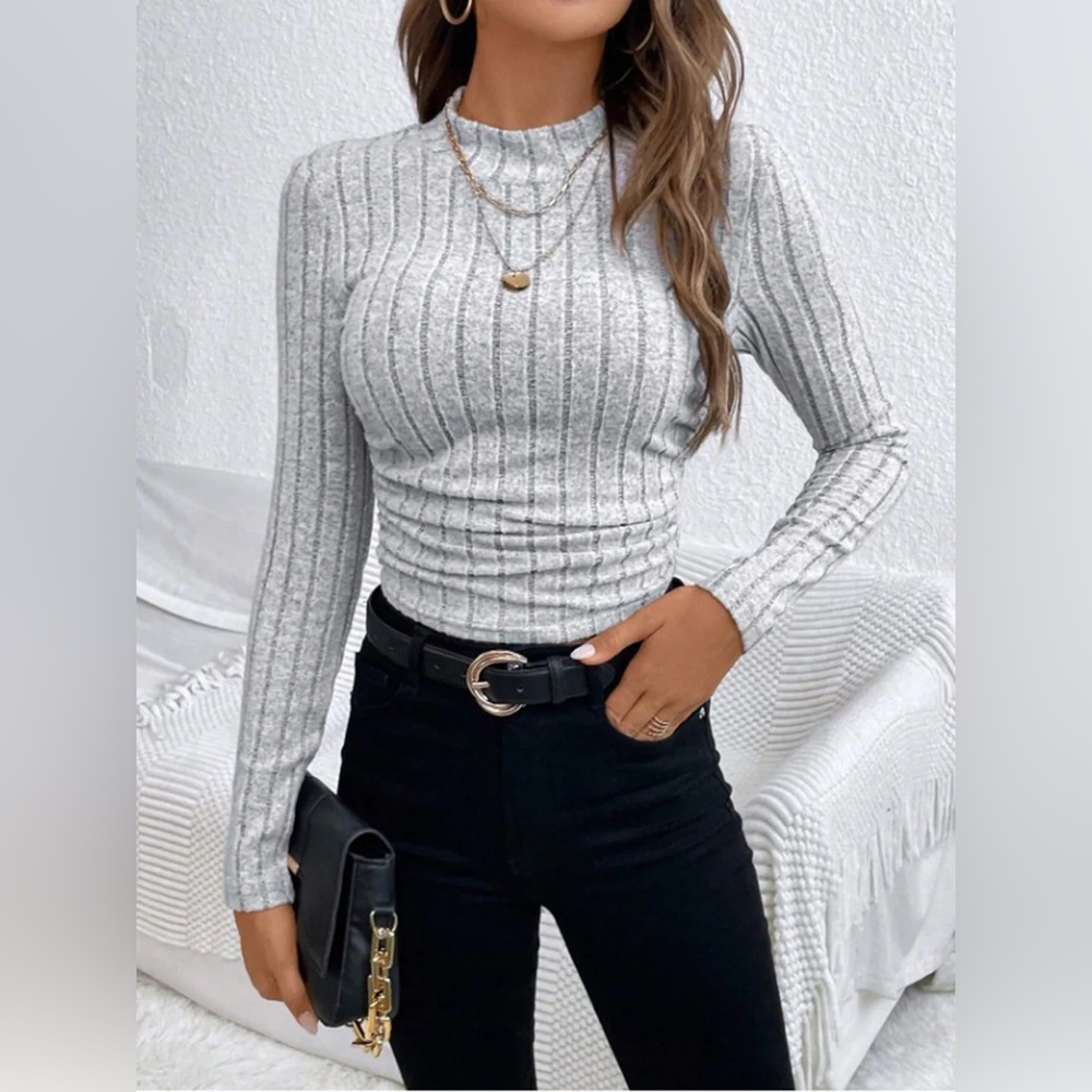 Commense Minimalist Mock Neck Ribbed Top